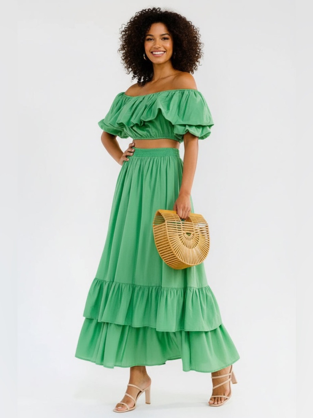 Emerald Breeze Off- Shoulder Ruffle Crop Top & Tiered Maxi Skirt